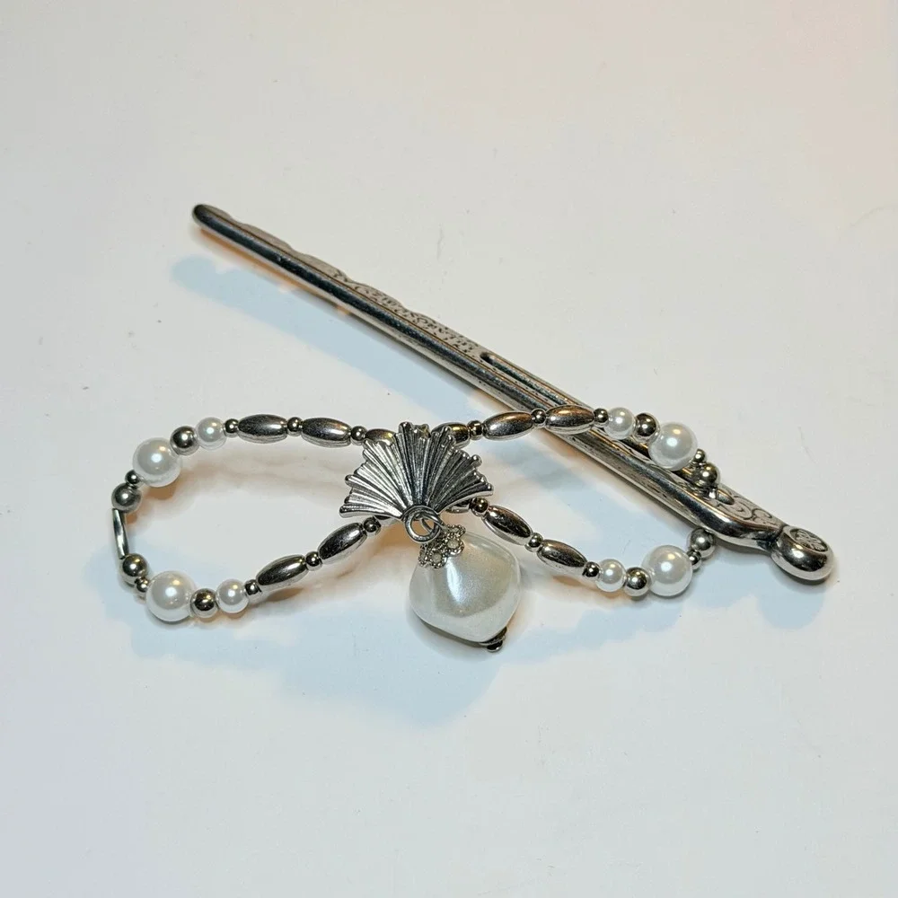 Lilla Rose Silver Pearl Fan Flexi Hair Clip Beaded Hairpin Accessory Medium